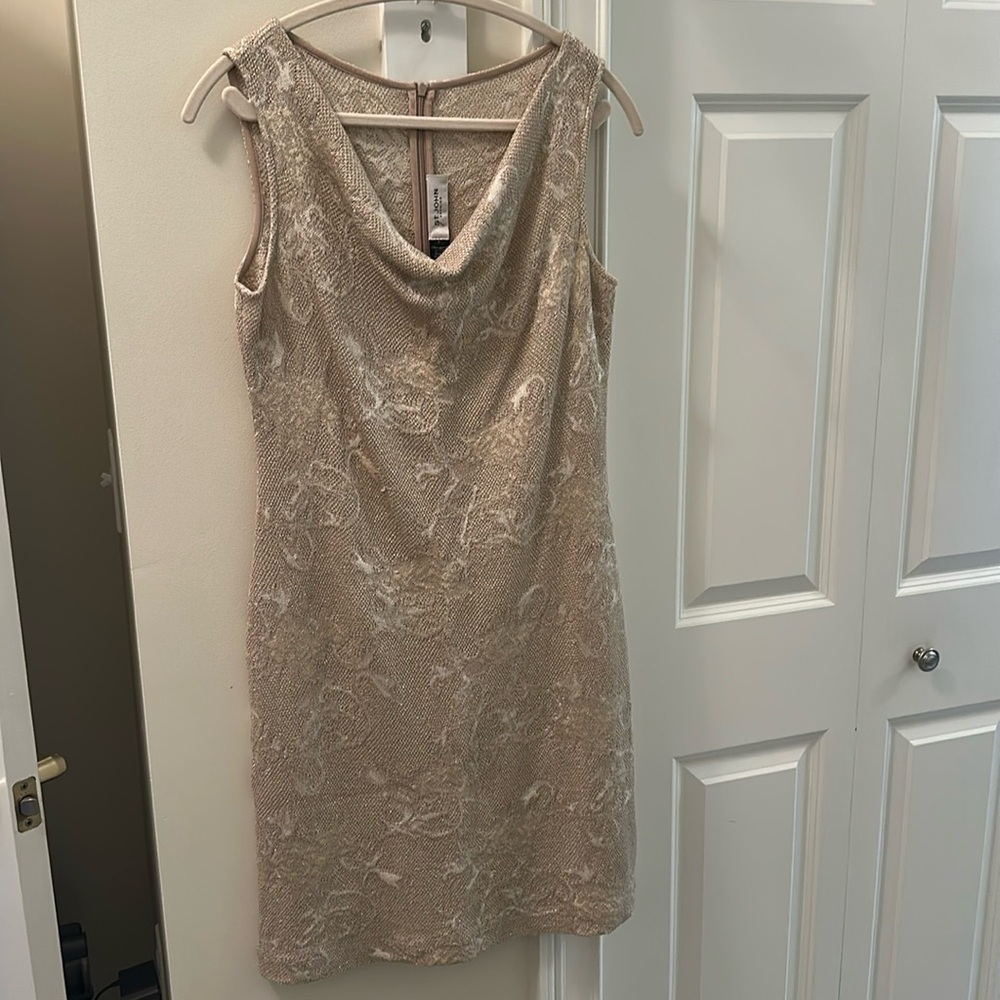 St. John Sleeveless Dress (cream beige swirl print)